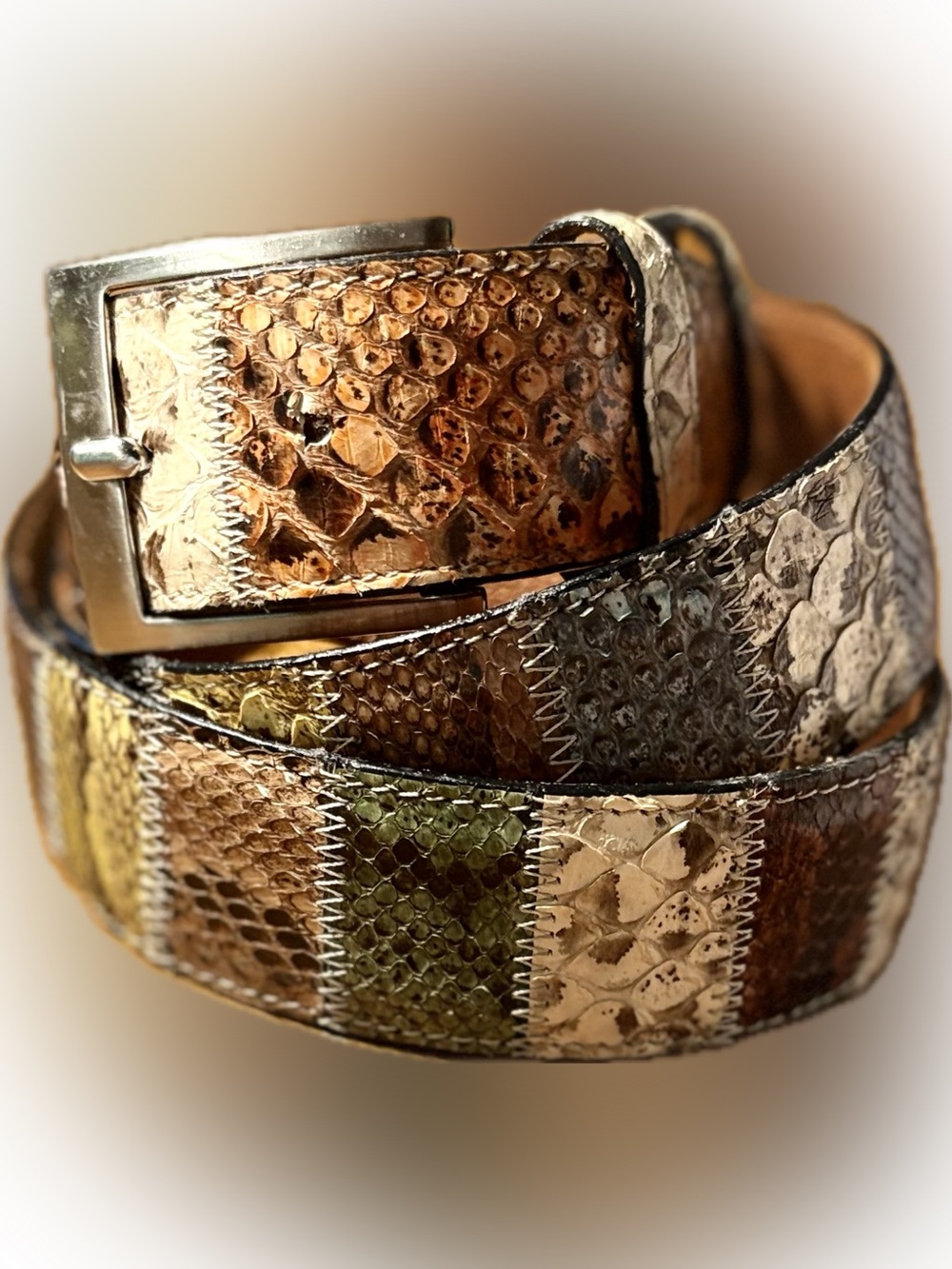 Reptile-Texture Men's Patchwork Belt in Brown, Green & Gold